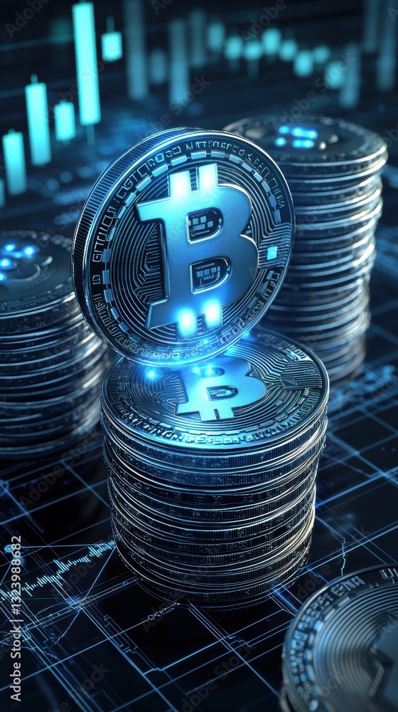 Poster Stacks of shiny Bitcoins are displayed against an abstract and futuristic chart background.