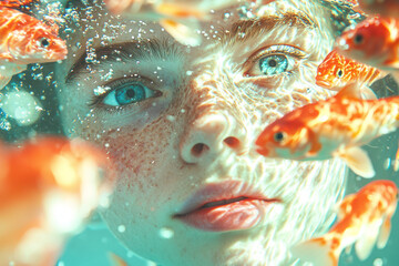 A person gently feeding a school of vibrant tropical fish in a crystal-clear aquarium, their eyes