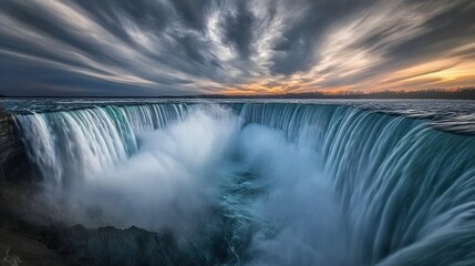 Majestic Niagara Falls under Dramatic Skies at Sunset, Capturing the Power and Beauty of Nature’s Waterfalls in a Breathtaking Landscape