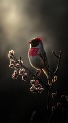 A red, gray, and white bird is perched gracefully on a delicate flowering branch, basking in gentle sunlight.