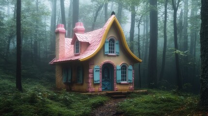 A charming little house with a candy-colored roof, surrounded by thick mist in a haunted woodland