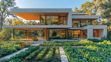 Modern home nestled in garden