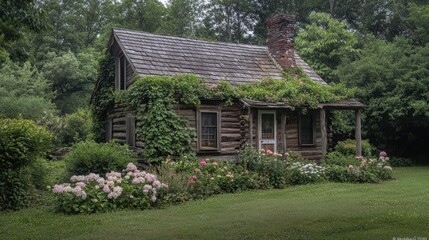 A charming log cabin, covered in flowers and vines, yet oddly untouched in the eerie, haunted woods