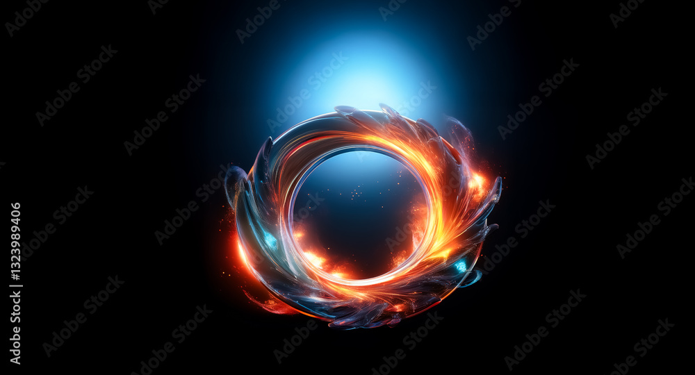 Poster abstract circular element with swirling orange and blue energy on a dark backdrop. the image evokes 