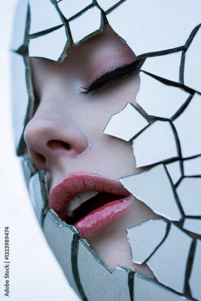 Poster an editorial-style composition featuring a broken mirror that fragments a lone face, symbolizing