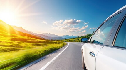 A solar-powered car driving through a scenic route.