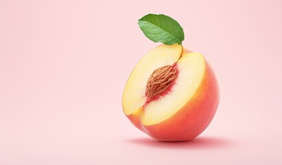 Juicy peach and foliage arranged on warm pastel pink surface, aerial flat lay with negative space for text overlay. Fresh fruit theme for farmers market posters, beverage labels, or wellness blog head