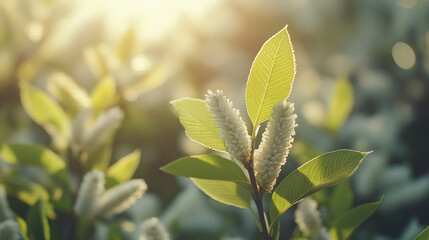 Elegant Willow Branches with Lush Greenery, bathed in Gentle Sunlight and Blurred Spring Blossoms, a Tranquil Natural Landscape