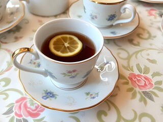 Fototapeta premium Elegant Floral Tea Cup with Lemon Slice, Tea Party, Vintage Porcelain, Fine China Drink