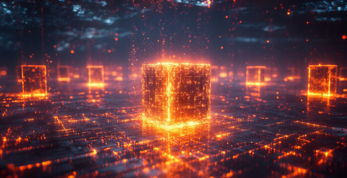 A vivid digital landscape showcases glowing quantum cubes representing qubits.
