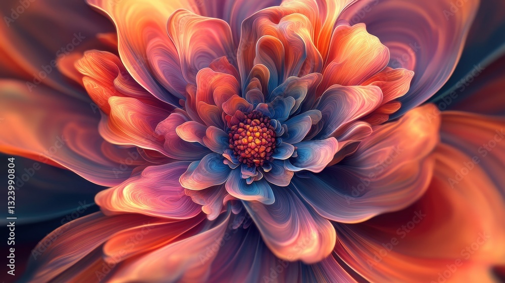 Poster a close-up of a flower where the petals extend infinitely in an ai-generated fractal pattern