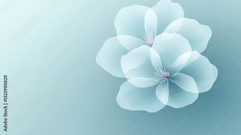 Poster an elegant abstract digital scene capturing delicate white floral forms floating smoothly in