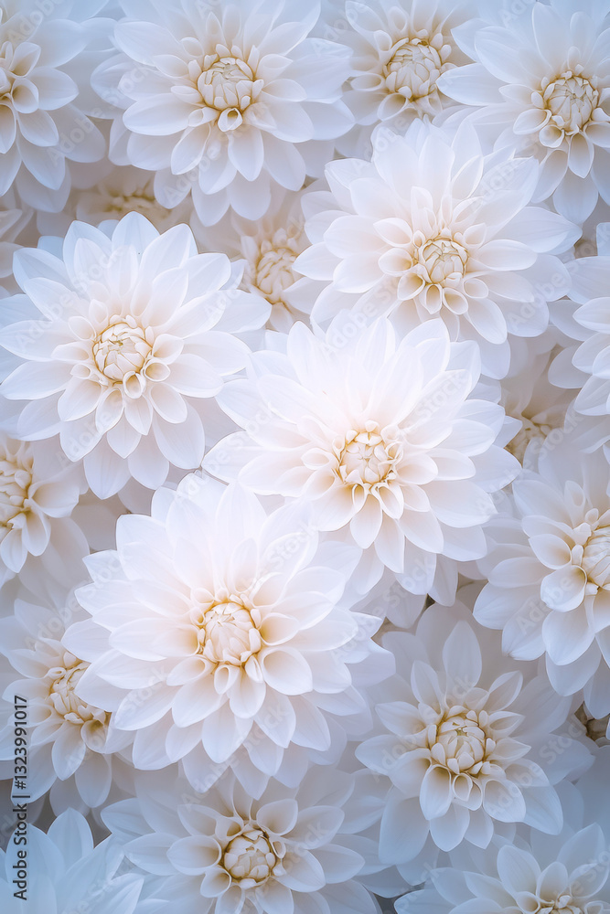 Poster ethereal close-up capturing pristine white blooms seamlessly repeating to form an endless pattern,