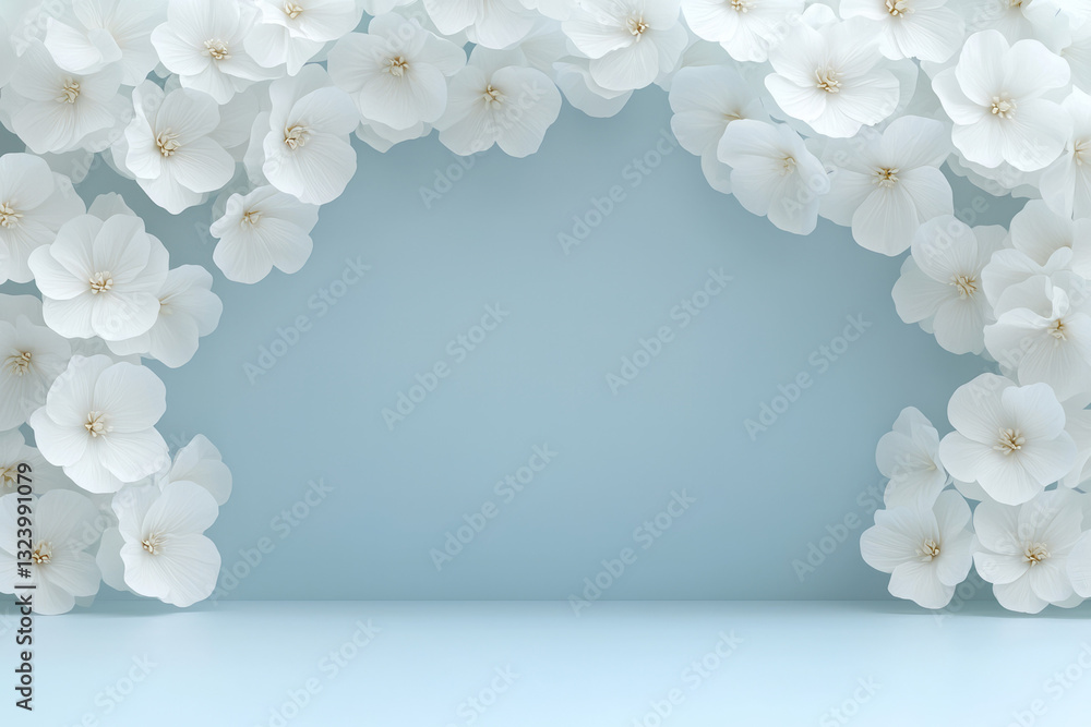 Poster ethereal composition where pristine white blooms merge into a repeating, infinite pattern, with