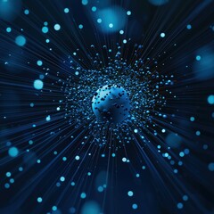 A surreal image of the Earth surrounded by satellites emitting beams of global internet.