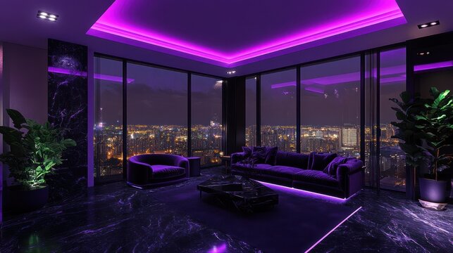 Purple-lit penthouse living room, nighttime city view