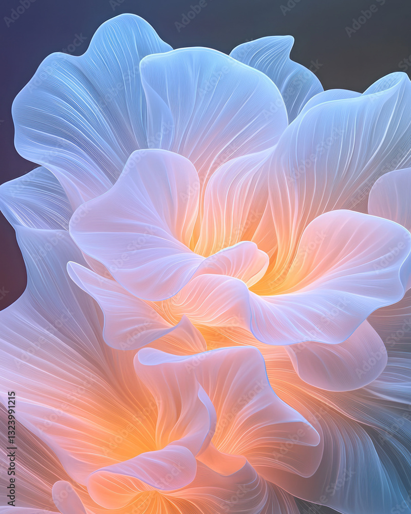 Poster an elegant futuristic pattern of subtle white floral forms smoothly arranged in seamless