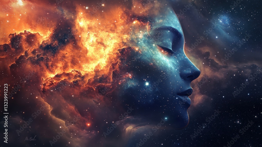 Poster a cosmic face where galaxies and nebulae form the features, yet each side is a perfect reflection of