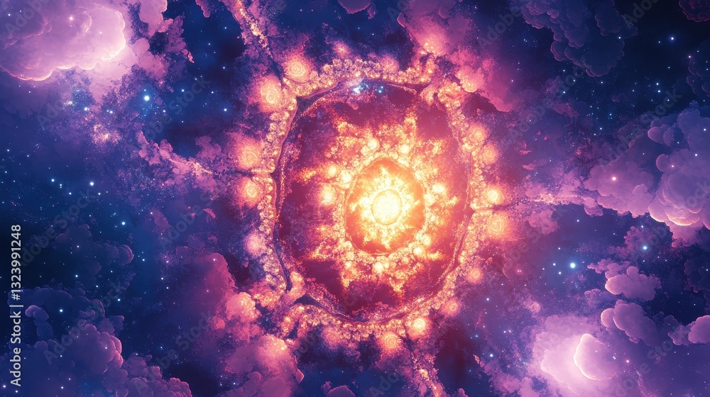 Poster a cosmic nebula forming shapes that resemble impossible symbols and patterns