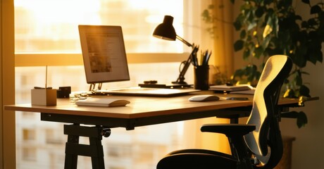 Standing desk setup with ergonomic chair and wireless devices golden morning light symbolizing productivity and health conscious work habits