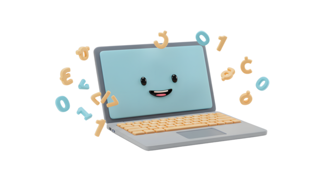 Cartoon Laptop with Smiling Face and Floating Numbers, Illustrative Digital Art