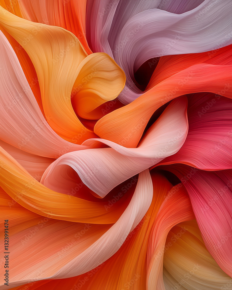 Poster hyperreal macro shot emphasizing the fine details and texture of interwoven petals, forming a