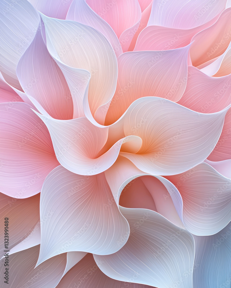 Poster hyperreal macro shot emphasizing the fine details and texture of interwoven petals, forming a