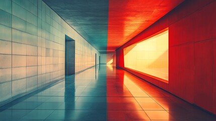 An architectural corridor featuring geometric patterns and reflections in a contemporary urban environment, illuminated by bright daylight