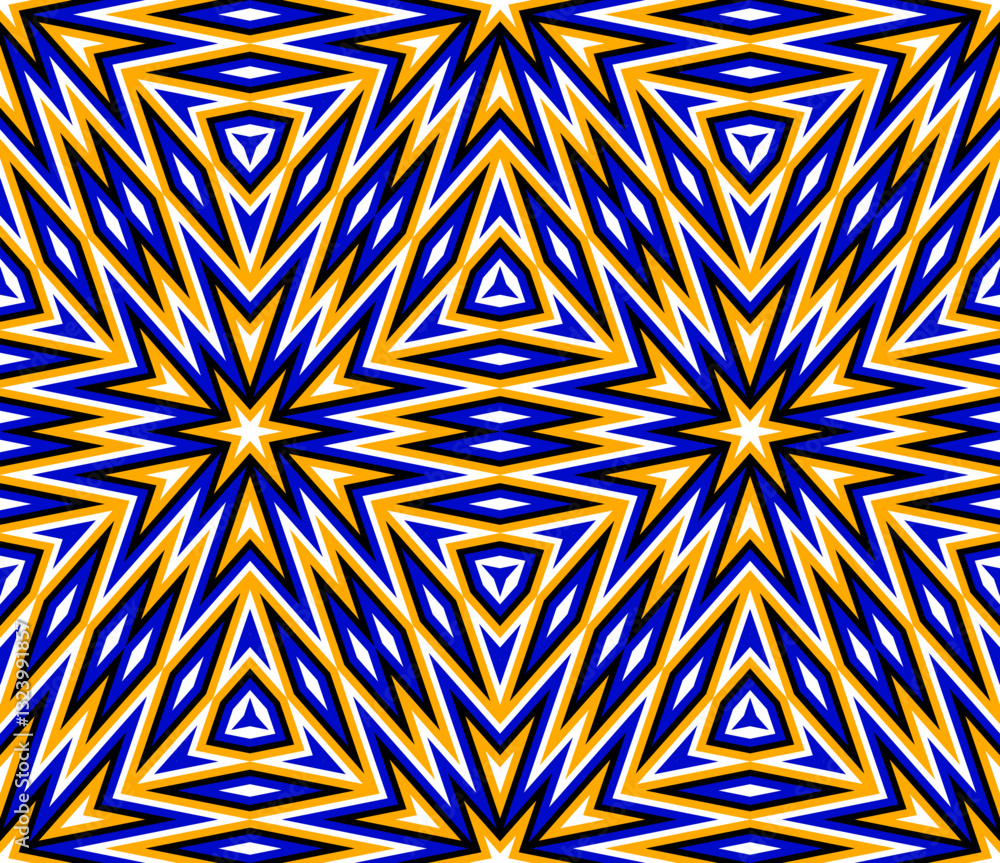 Poster bold, energetic starburst pattern with sharp angles and a striking color combination of blue, yellow