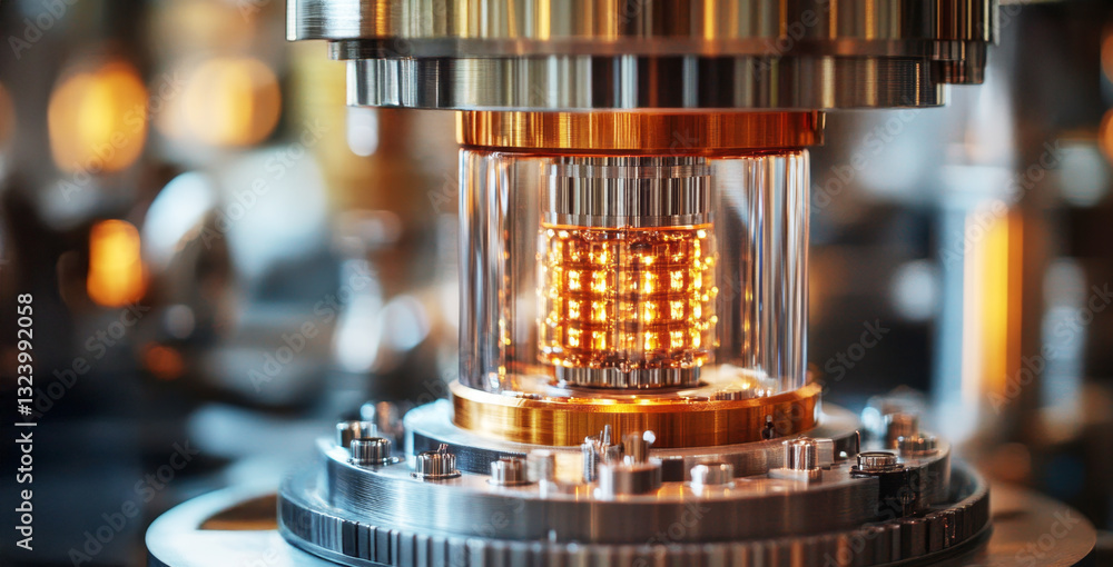 Poster Advanced quantum computing hardware illustrates the intricate qubit structure showcasing superposition and entanglement principles. The setup aims to optimize algorithms for data processing.