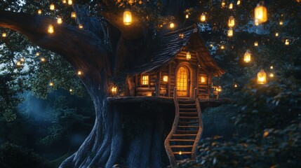 A cozy wooden house built inside the trunk of a massive tree, illuminated by tiny floating lanterns