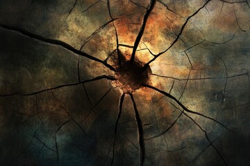 A dark, cracked surface reveals a glowing core, suggesting destruction or hidden power.