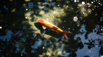 A cute little fish swimming in a pond, but its shadow stretches unnaturally long