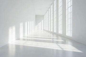 Obraz premium ethereal minimalist gallery space with soft gradient shadows playing across pristine white walls, creating an atmosphere of serene emptiness and infinite possibility