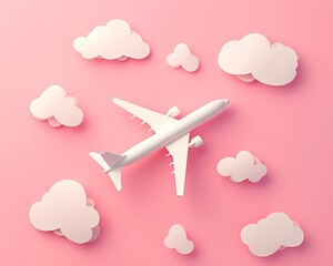 Whimsical 3D paper airplane soaring among puffy cartoon clouds on dreamy pink gradient backdrop, clean geometric folds and kawaii-inspired aesthetic. Perfect for nursery mobiles, papercraft tutorials,