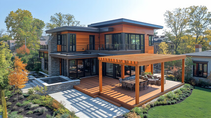 Obraz premium Modern home with expansive deck and patio