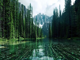 Digital Reflections, Mountains and Forest Immerse in Technologic Lake