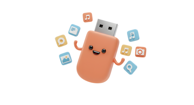 Friendly Flash Drive Character with Data Icons for Storage Solutions - Powered by Adobe