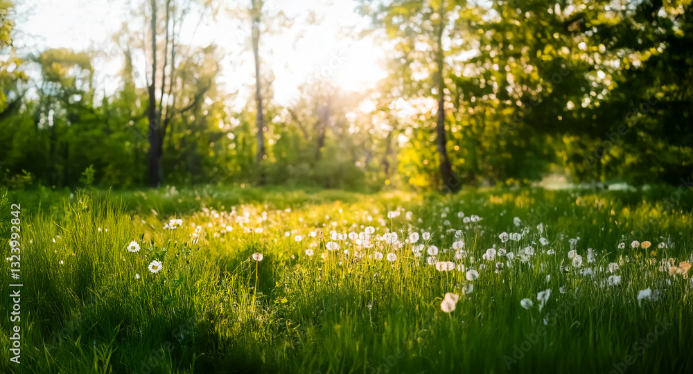 Aufkleber sunlight streams through trees onto a lush meadow filled with wildflowers. green grass and foliage c
