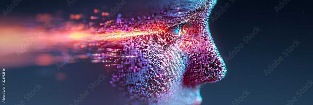 Poster poetic macro shot of a pixelated visage where each pixel glows softly with interstellar light,
