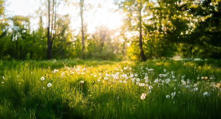 Sunlight streams through trees onto a lush meadow filled with wildflowers. Green grass and foliage create a peaceful, natural scene bathed in golden light.