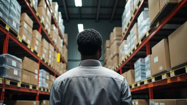 Warehouse Inventory: A focused individual navigates the organized aisles of a large warehouse, surrounded by countless boxes neatly arranged on towering shelves, emphasizing logistics and storage.
