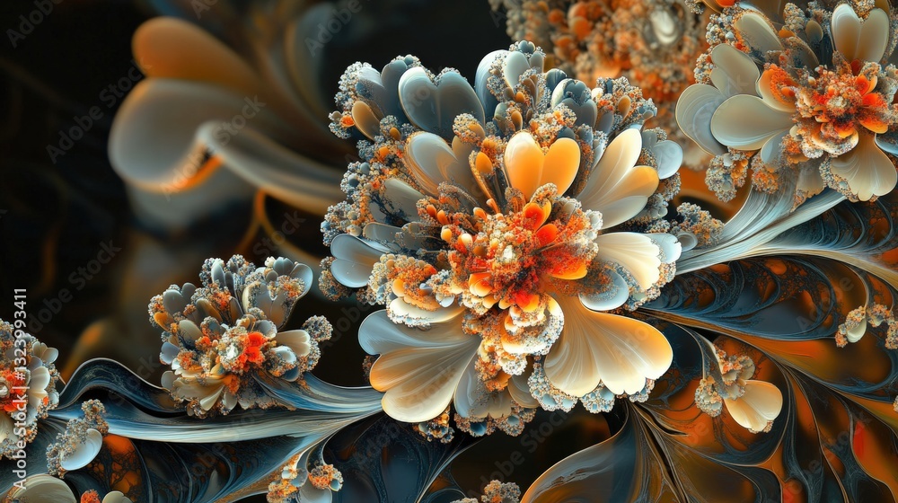 Poster a distorted floral arrangement where petals and stems merge into intricate, fractal-like patterns