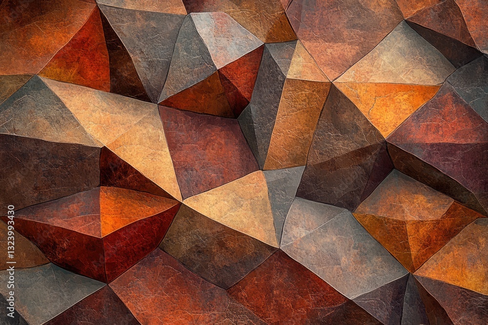 Poster abstract polygonal art with earthy tones and textured surfaces, creating a three-dimensional effect.