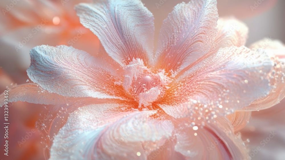 Poster a distorted floral arrangement where petals and stems merge into intricate, fractal-like patterns