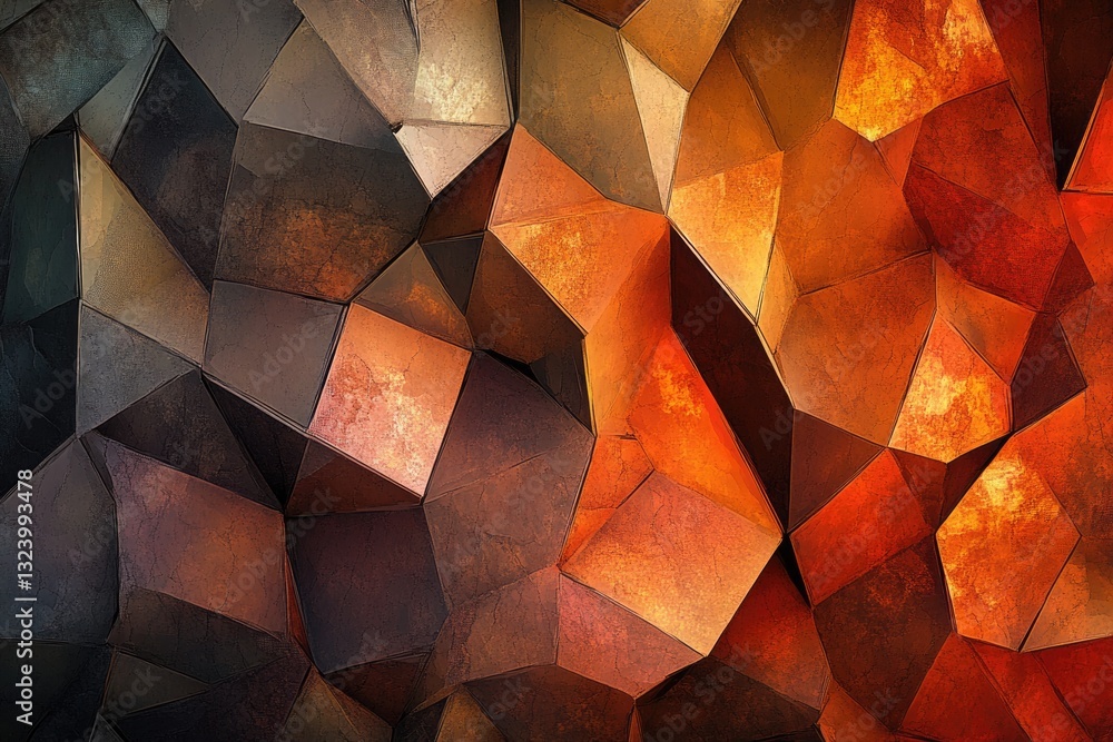 Poster abstract polygonal art with dark and warm orange hues, creating a textured, faceted surface.