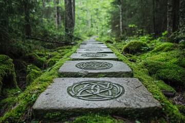 Ancient stone path with intricate carvings leads into a misty, moss-covered forest, evoking mystery and history