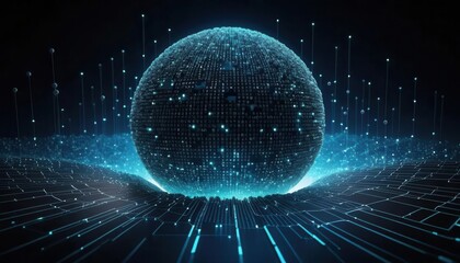 Obraz premium Endpoint protection threat prevention concept. A glowing, digital sphere surrounded by flowing data streams and points of light, representing a futuristic, tech-inspired concept.
