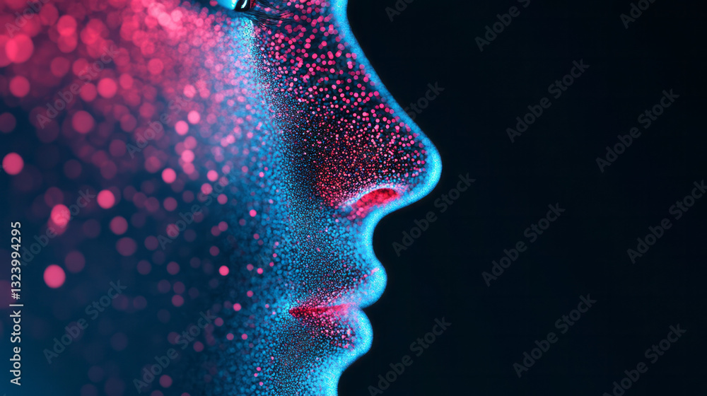 Poster ethereal close-up of a digital face where tiny luminous particles form a starry pattern, evoking an