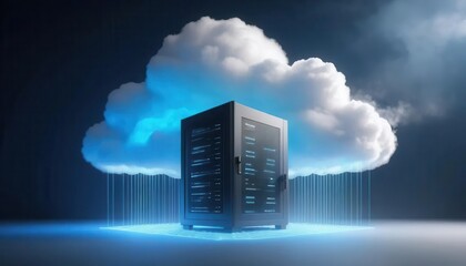 Endpoint protection threat prevention concept. A cloud-shaped server with data streams, symbolizing cloud computing and digital storage solutions in a modern, technological context.